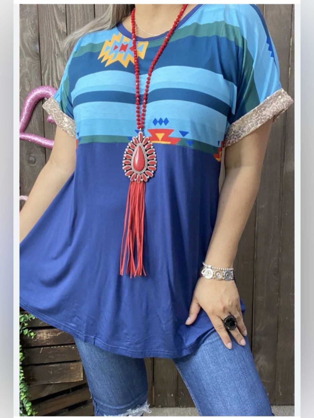 Striped Blue Aztec Short Sleeve Top‎ with Sequin Cuffs